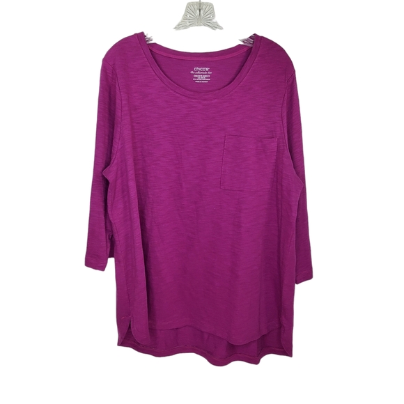 CHICO'S Ultimate Tee Tunic Top 3/4 Sleeve Purple Sz 3 XL High Low Hem - Picture 2 of 5